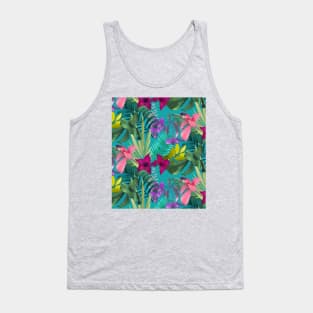 Elegant tropical flowers and leaves pattern purple illustration, blue tropical pattern over a Tank Top